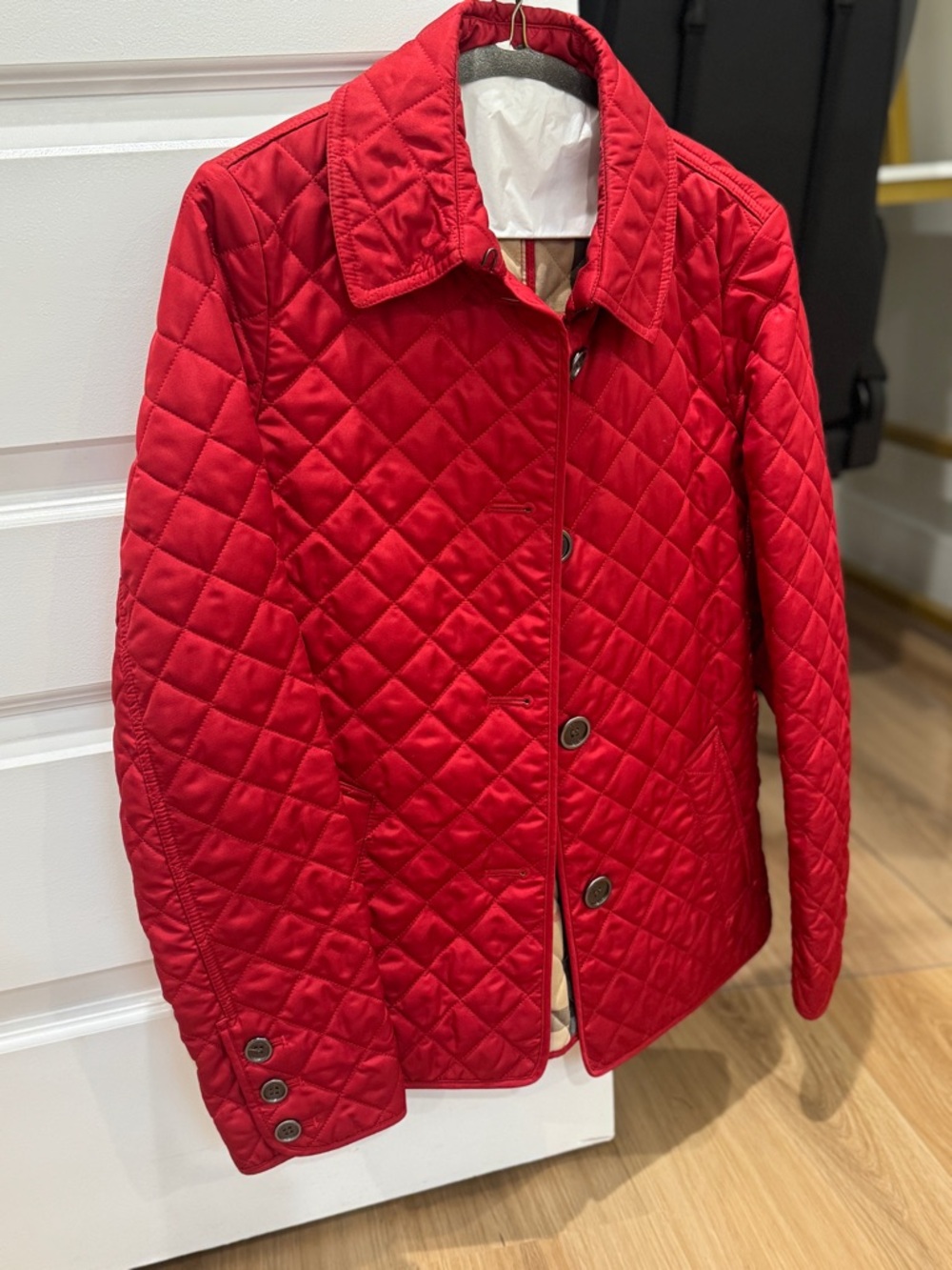 Burberry Red Quilted Jacket with Signature Check Lining